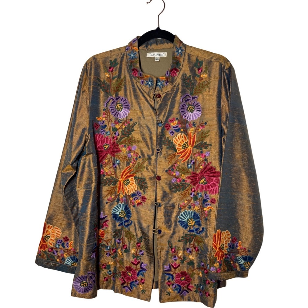 TravelSmith Embroidered 
 Silk Floral Mandarin Jacket L Excellent Toggle